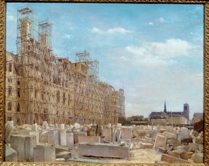 Stadshuset i Paris under återuppbyggnad Byggnaden, brand 1871 av kommunarderna, håller på att byggas om och täcks med byggnadsställningar och stenblock. Målning av Victor Dargaud (ca. 1850-a. 1913) 1880 Sön. 0,65 x 0,81 m Paris, musee Carnavalet - Stadshus