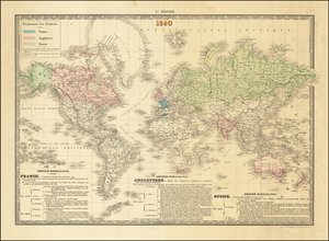 1840 års franska världskarta med de brittiska, franska och ryska imperiernas territorier av Paul Kaeppelin
