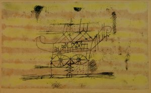 Byggnadsställning för huvudet på en monumental skulptur av Paul Klee
