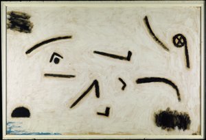 Utan titel (skyltar på svart bakgrund), C.1940 (färg och lim på papper) av Paul Klee