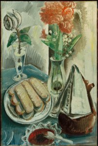 Stilleben med kaffekanna, blommor och bakverk