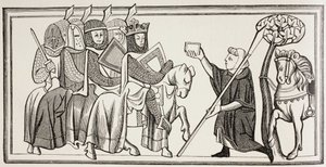 En budbärare anländer med ett meddelande till en kung som är i spetsen för sin armé. Efter en illustration i en Ms från 1200-talet. av Paul Lacroix