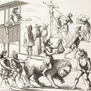 Allegorisk bild av överdrifter som hugenotterna sägs ha gjort sig skyldiga till. Det tama lejonet representerar ett Frankrike som reducerats av kättarna och deras metoder.