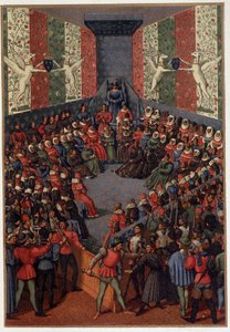 Karl VII presiderade över Johannes, hertig av Alencon (allierad med engelsmännen) i Vendome 1458 - efter Fouquets miniatyr, i "" Militärt och religiöst liv under medeltiden och renässansen" av Paul Lacroix, Paris