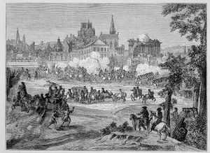 Combat du faubourg Saint-Antoine i Paris under Fronde (1652), "" 1600-talet - Institutioner: seder och dräkter, Frankrike 1590-1700" av Paul Lacroix