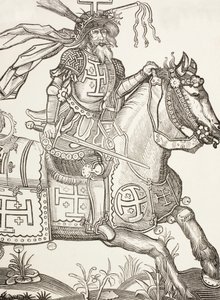 Godfrey av Bouillon, ca 1060 - 1100, medeltida frankisk riddare. En ledare för det första korståget. Här ses han krönt med instrumenten från Kristi lidande. Efter ett träsnitt från 1400-talet. av Paul Lacroix