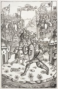 Kung Artus, eller Arthur, skyddad av jungfrun, i kamp mot en jätte. Efter ett träsnitt i Chroniques De Bretagne, av Alain Bouchard, utgiven 1514. av Paul Lacroix