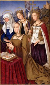 Porträtt av Anne av Bretagne (1477-1514), Frankrikes drottning, i bön med sitt heliga skyddshelgon Saint Anne, Saint Helene och Saint Ursule - i "" Militärt och religiöst liv under medeltiden och renässansen"" av Paul Lacroix, Paris
