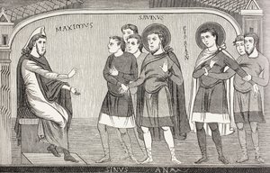 Helgonen Savin och Cyprianus bekänner för prokonsul Galerius Maximus att de är kristna. Efter en fresk från 1000-talet i kyrkan St Savin, Vienne, Frankrike. av Paul Lacroix
