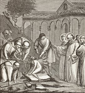 St. Benedict och djävulen. När Benedictus byggde ett kapell satt djävulen på en sten och ingen kunde flytta honom förrän St Benedictus välsignade stenen. Då tog djävulen till flykten. av Paul Lacroix