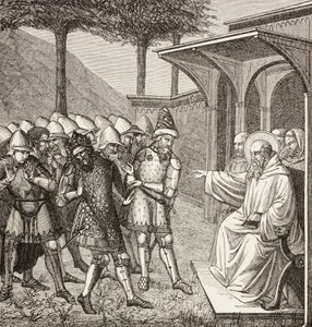 Benedictus av Nursia anklagar Baduila Aka Totila, ostrogoternas kung, för att ha lurat honom och förutspår hans död. av Paul Lacroix