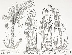 Sankta Cecilia och hennes make Valerianus. Efter en mosaik från 300- eller 400-talet som finns bevarad i S:ta Ceciliakyrkan i Rom. av Paul Lacroix