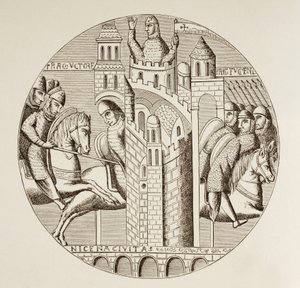 Korsfararnas intagande av Nicaea, Turkiet, år 1097. Efter ett fönster i kyrkan i det nu förstörda klostret St Denis. av Paul Lacroix