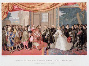 Trettioåriga krig: "" Intervju med kungen av Frankrike Ludvig XIV (1638-1715) och Filip IV av Spanien (1605-1665) på ön Paisans den 7/11/1659"" Spanien går med på att underteckna fördraget om Pyreneerna. Dotter till Philip IV, Marie Therese (Marie-Therese)