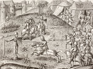 Tilting At A Quintain, en riddares roterande statyett. Efter en miniatyr i Chroniques De Charlemagne från 1400-talet.