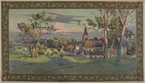 Skiss till stadshuset i Thiais: by med kyrka, ca 1902 (olja på duk) av Paul Léon Felix (attr. to) Schmitt