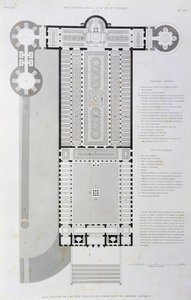 Återställd layout av den gamla basilikan byggd av kejsar Konstantin, gravyr från Vatikanen och Peterskyrkan av Paul Marie Letarouilly