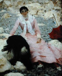 Porträtt av konstnärens fru på stranden (olja på duk)