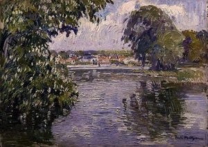 Village on the Seine (olja på panel)