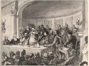 Antislaverikongressen hölls i Paris den 21, 22 och 23 september 1890 i Geography Society i närvaro av Jules Simon, Emile Keller och Monseigneur Lavigerie. Gravyr efter Paul Merwarts teckning i "The Illustrous World" från 1890.