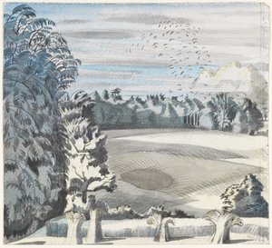 Landskap med rökar, ca 1913-14 (svart krita & akvarell på papper) av Paul Nash