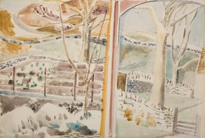 Landskapet genom fönstret och genom spegelglaset av Paul Nash