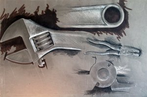 Tools, 2024 (blandteknik på papper) av Paul Powis
