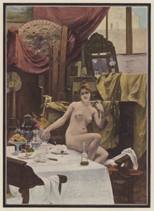 Kvinna i en konstnärs ateljé (färg litho) av Paul Quinsac