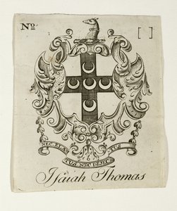 Bokskylt för Isaiah Thomas (1749-1831), ca. 1765-1770 (gravyr på lagt papper) av Paul Revere