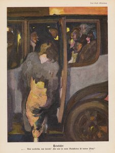 Kvinna sätter sig i en bil för hemresan efter en utekväll (färg litho) av Paul Rieth