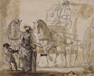 En vagn och ett par, med kusk (grå & brun tvätt förhöjd med vitt på papper) av Paul Sandby