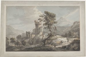 Bergigt landskap med en fästning Bergslandskap med ruiner, ett högt träd och en herde med boskap av Paul Sandby
