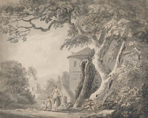 Romantiskt landskap med figurer och en hund av Paul Sandby