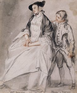 Studie av fru Mercier sittande i en stol, och hennes yngste son, Henry Mercier som står bakom henne, av Paul Sandby