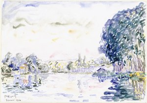 Flodlandskap med stuga och träd av Paul Signac