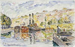 Flodlandskap med bogserbåtar och pråmar av Paul Signac