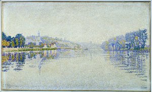 Riverside, the Seine och Herblay Målning av Paul Signac (1863-1935) 1889 Sön. 0,33x0,55 m Paris, musee d
