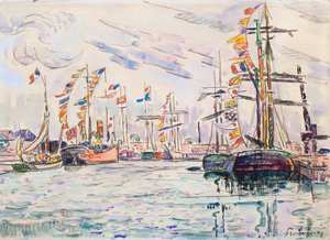 Segelbåtar med semesterflaggor vid en pir i Saint-Malo, 1920-talet. av Paul Signac
