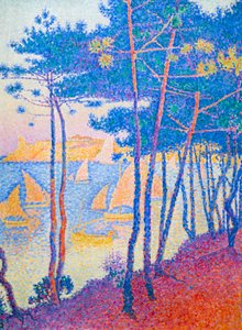 Segelbåtar och tallar, ca. 1896 (olja på duk) av Paul Signac