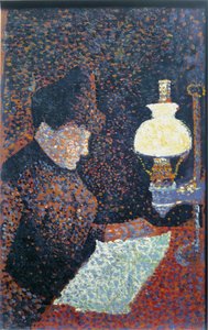 Kvinna under lampan - olja på duk av Paul Signac