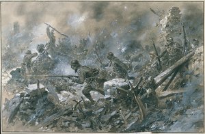 Första världskriget (1914-1918): ”” En motattack i byn Vaux 1916 på framsidan av Verdun””” Akvarell av Paul Thiriat Paris. Musee, Des deux guerre mondiale DR - Fransk motattack vid byn Vaux nära Verdun av Paul Thiriat