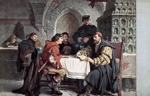 Martin Luther i samtal med studenter i Gasthof der Baren, Jena, Tyskland, mars 1522