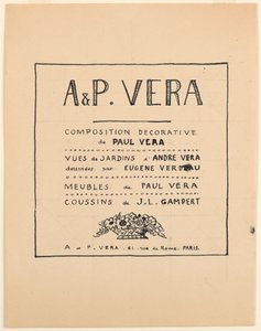 Ritning, titelsida, A & P Vera, Dekorativ komposition av Paul Vera / Utsikt över André Veras trädgårdar ritade av Eugène Verdeau / Möbler av Paul Vera / Kuddar av J. L. Gampert, 1912–19 av Paul Vera