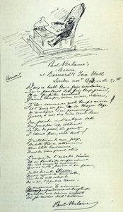 Dikttecken av den franske poeten Paul Verlaine (1844-1896) med skiss på företrädaren under en uppläsning. 21/11/1893