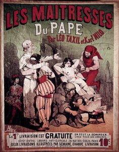 Affisch för "The Maitresses of the Pope" av Leo Taxil (1854-1907) och Karl Milo, antiklerical bok från 1884. En kvinna är representerad torterad på pelaren, en bödel genomborrar hennes bröst. Illustration av Hode, 1900-talet. Privat samling