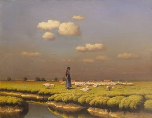 Landskap med gåsflicka (olja på duk) av Paul Wilhelm Keller-Reutlingen
