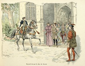 Illustration hämtad från boken "Histoire du chevalier Bayard" av Theodore Cahu, illustrerad av Paul De Semant (1855-1915): Bayard 11 år före hertigen av Savoyen 1486 av Paul de Semant