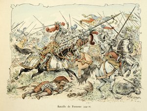 Illustration hämtad från boken "Histoire du chevalier Bayard" av Theodore Cahu, illustrerad av Paul De Semant (1855-1915): Slaget vid Fornoua 1495