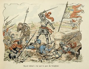 Illustration hämtad från boken "Histoire du chevalier Bayard" av Theodore Cahu, illustrerad av Paul De Semant (1855-1915): Bayard försvarar endast bron Garigliano 1504