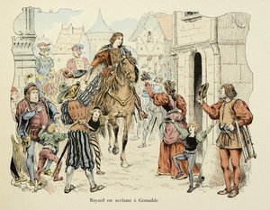 Illustration hämtad från boken "Histoire du chevalier Bayard" av Theodore Cahu, illustrerad av Paul De Semant (1855-1915): Bayard hyllar i Grenoble av Paul de Semant